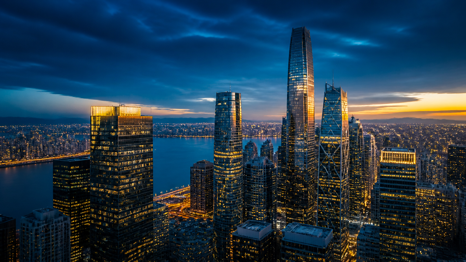 Modern global financial district at dusk